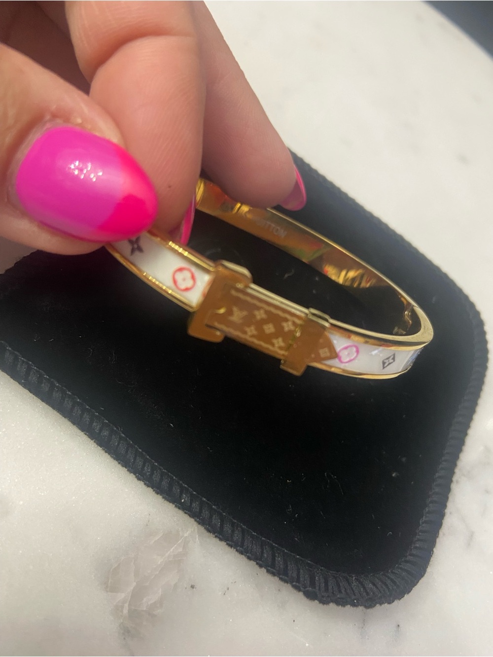 Luxe’  Gold-Tone White and Pink Enamel Monogram Bracelet